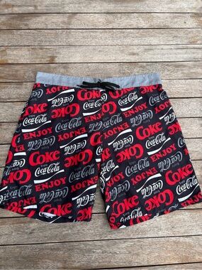 Coca Cola Black Swim Shorts with Red & White Logo Print